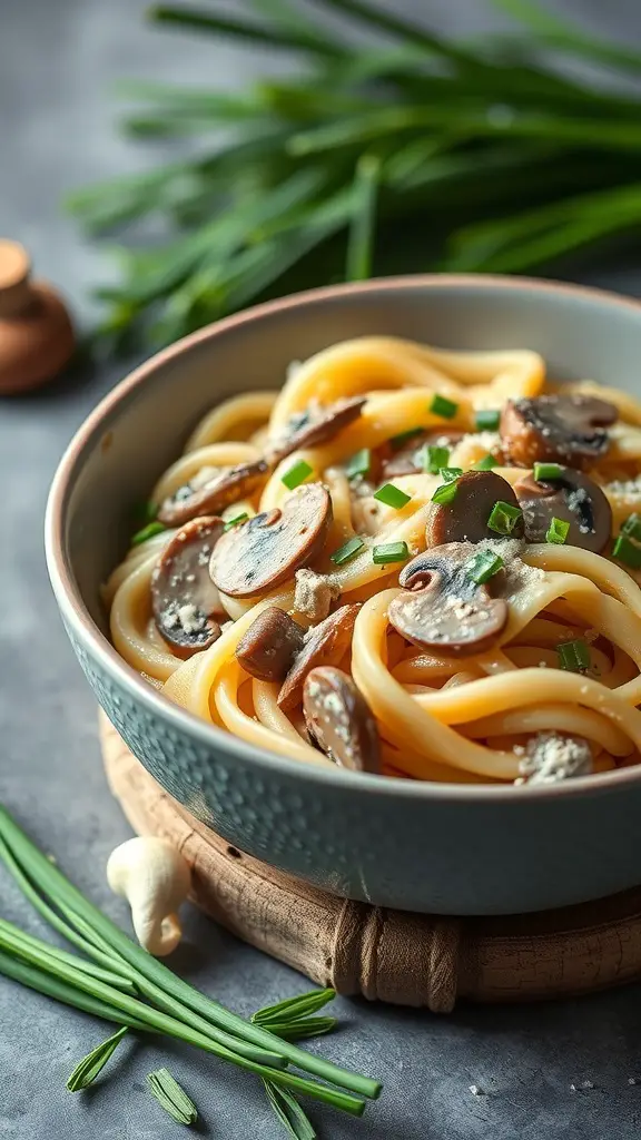 A bowl of egg noodles topped with mushrooms and green herbs in a creamy sauce.
