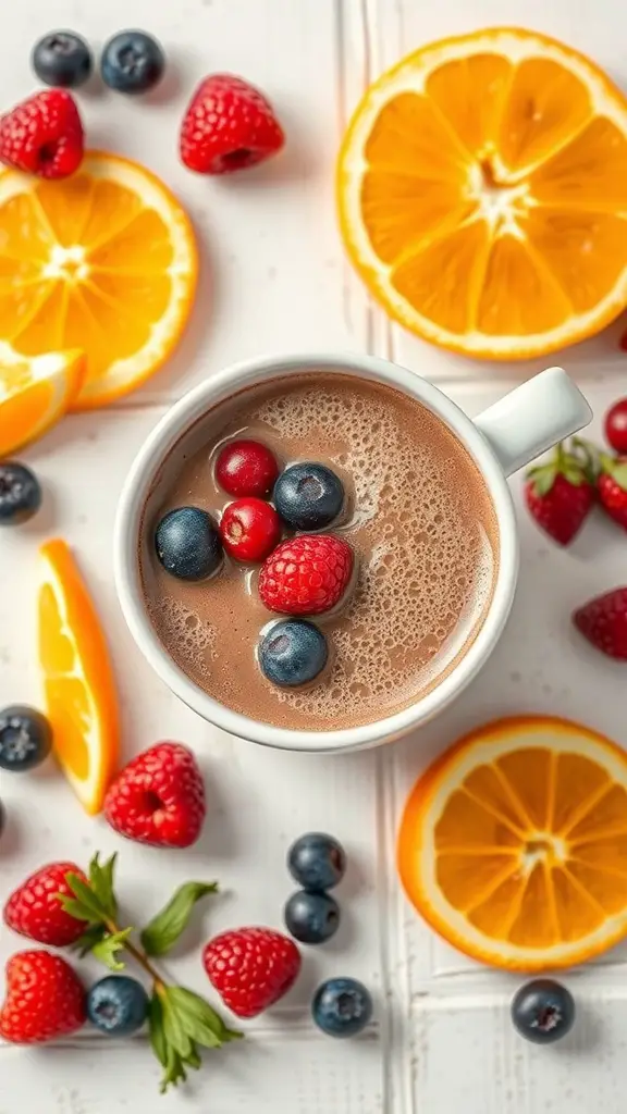 A cup of hot chocolate topped with berries, surrounded by orange slices and fresh fruit.