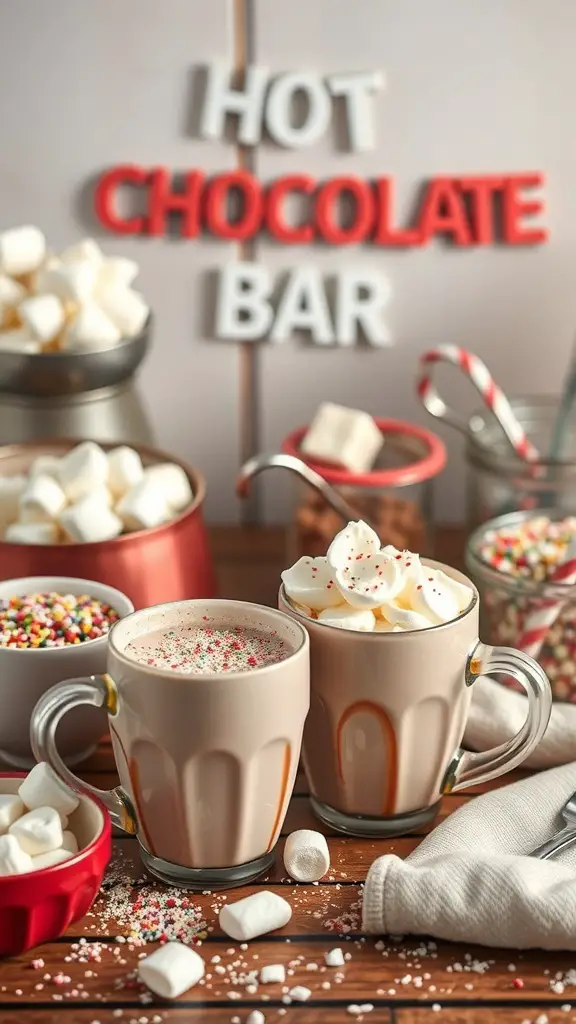 A colorful hot chocolate bar with mugs of hot chocolate, marshmallows, and toppings.