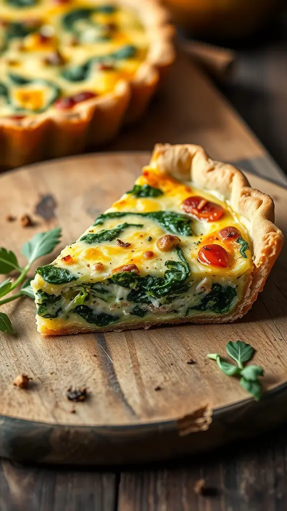 A slice of sardine quiche with spinach on a wooden board, showcasing a golden crust and colorful filling.