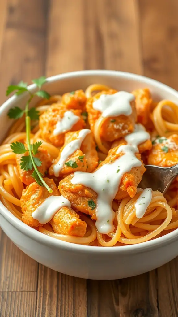A bowl of Buffalo Chicken Cellentani pasta topped with chicken and creamy dressing.