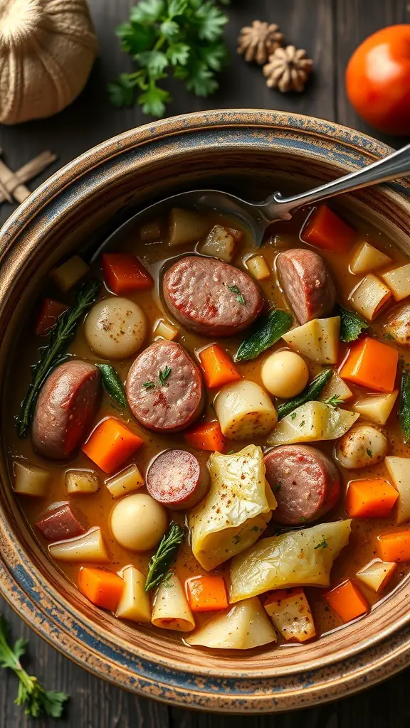 A bowl of cabbage and sausage stew with colorful vegetables and sausage slices.