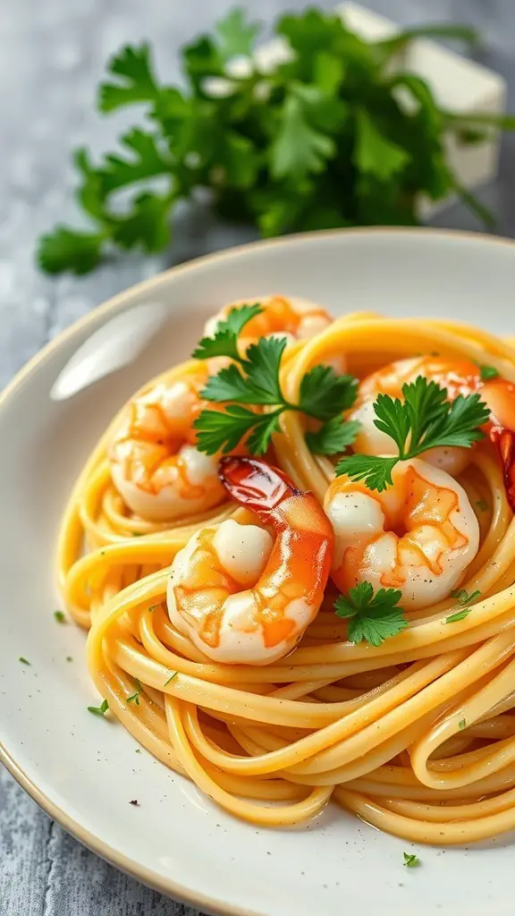 A plate of garlic butter pasta with shrimp, garnished with parsley.