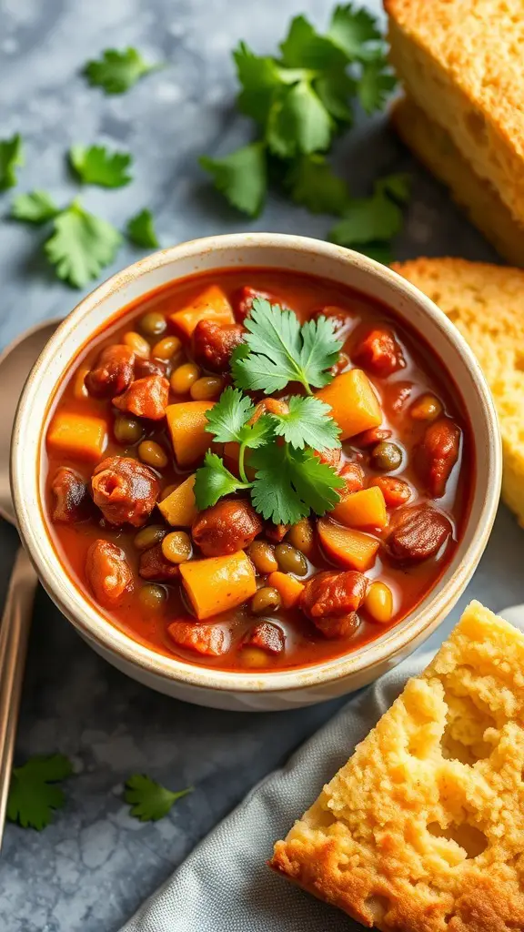 A bowl of vegetarian chili with cornbread on the side, garnished with cilantro.