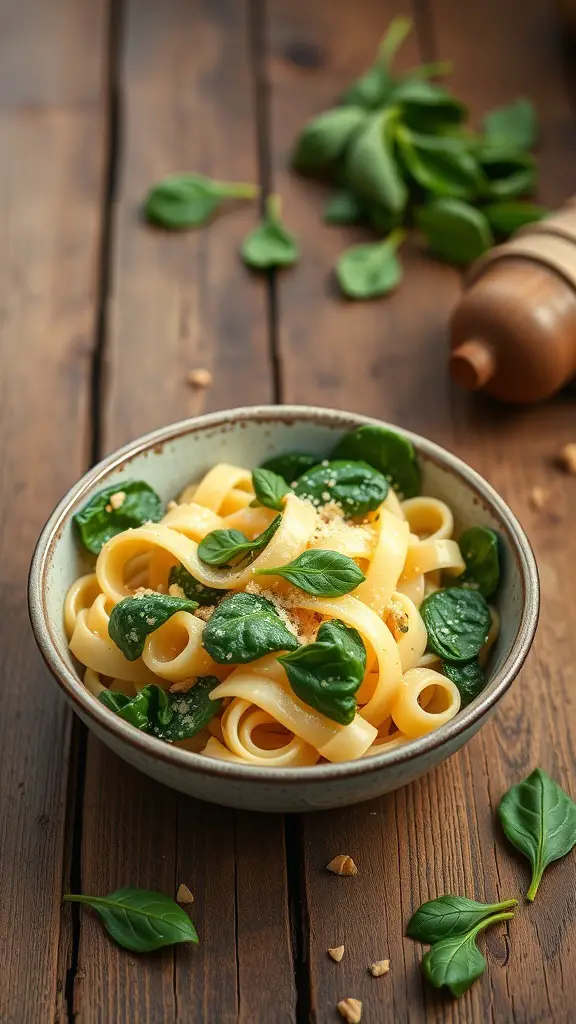 A bowl of creamy garlic fusilli pasta with fresh spinach on a wooden table.