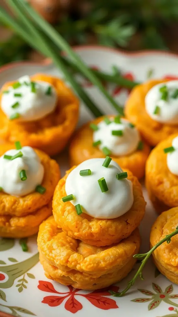 Sweet potato biscuit bites topped with sour cream and chives on a decorative plate.