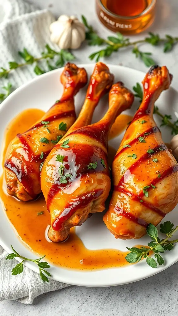 Honey garlic turkey legs on a plate with a shiny glaze and fresh herbs.