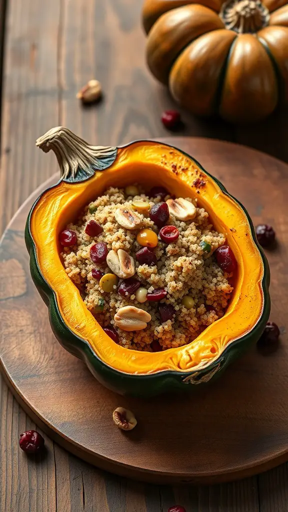 A halved acorn squash filled with a colorful mixture of grains, nuts, and dried fruits on a wooden table.