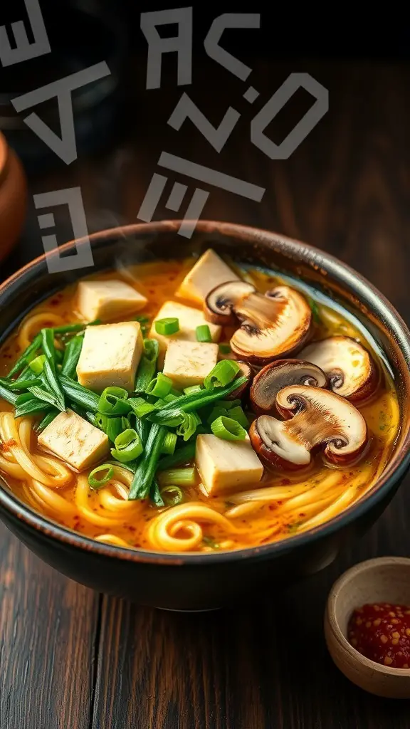 A bowl of vegetarian ramen with tofu, mushrooms, and green onions