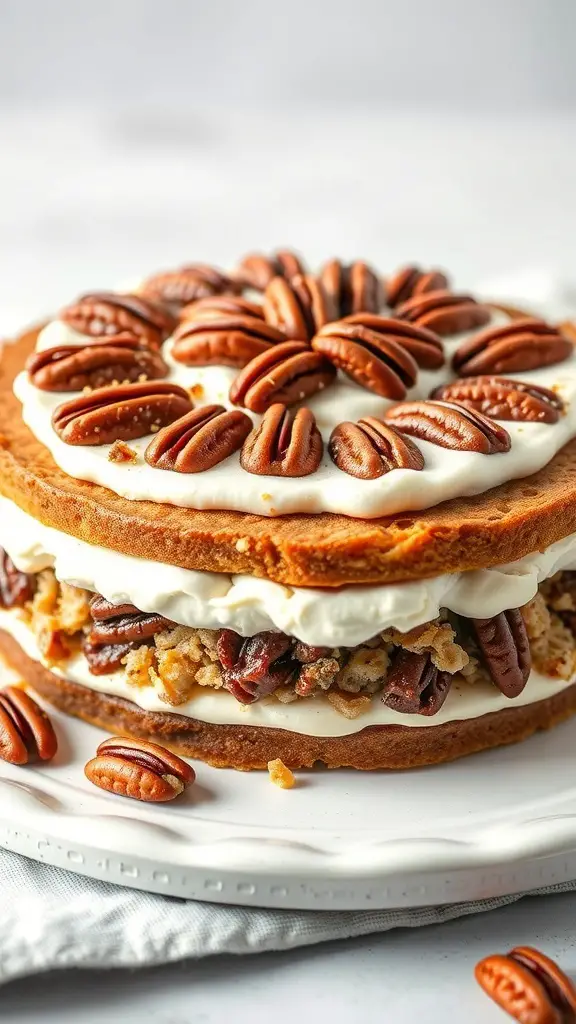 A delicious Pecan Pie Cake topped with whipped cream and pecans.