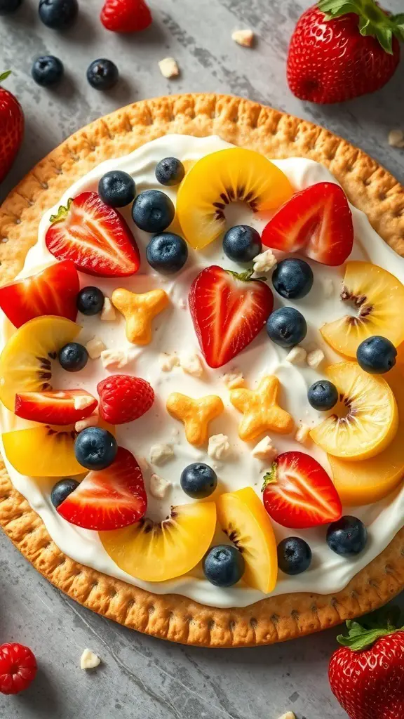 A colorful fruit pizza made with Ritz crackers, topped with strawberries, blueberries, and peaches on a creamy layer.
