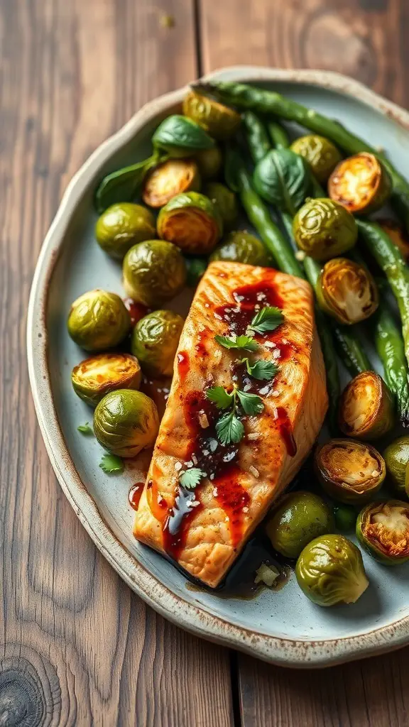 Baked salmon with balsamic glaze served with green beans and Brussels sprouts on a rustic plate.