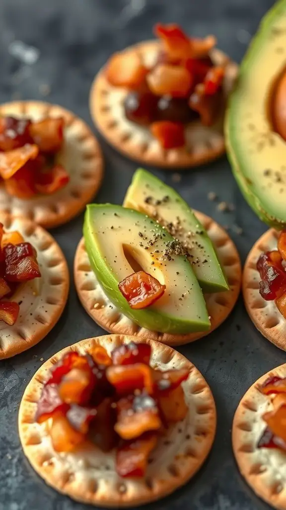 Crispy bacon and avocado bites on crackers