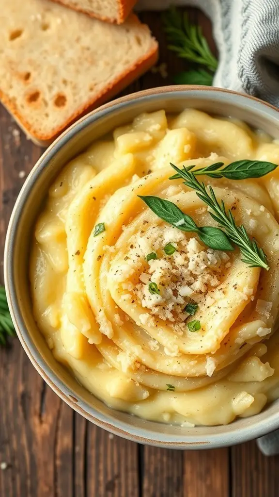 A bowl of creamy polenta topped with Parmesan cheese and herbs, with slices of bread in the background.