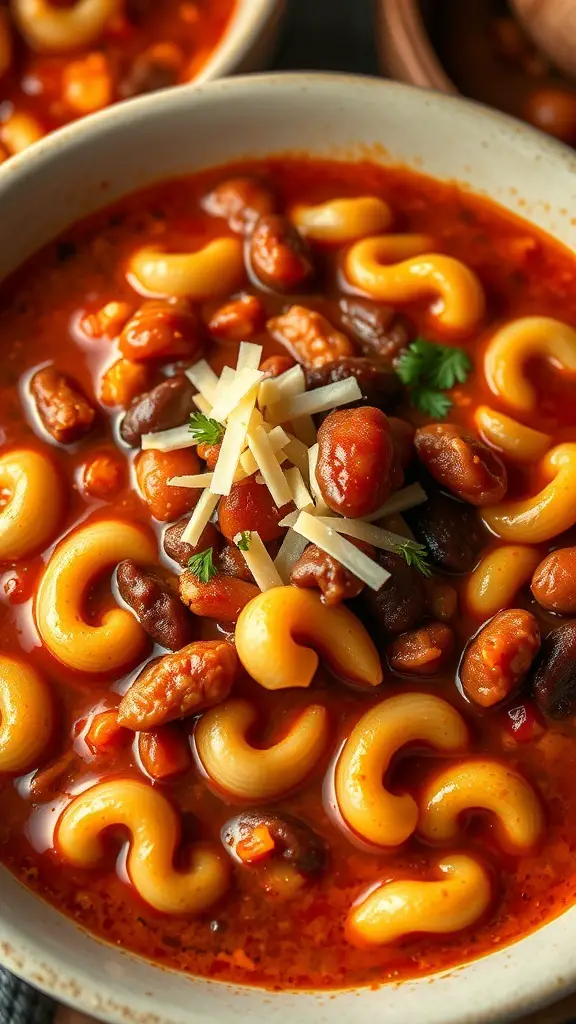 A bowl of spicy elbow noodle chili with beans and cheese on top.