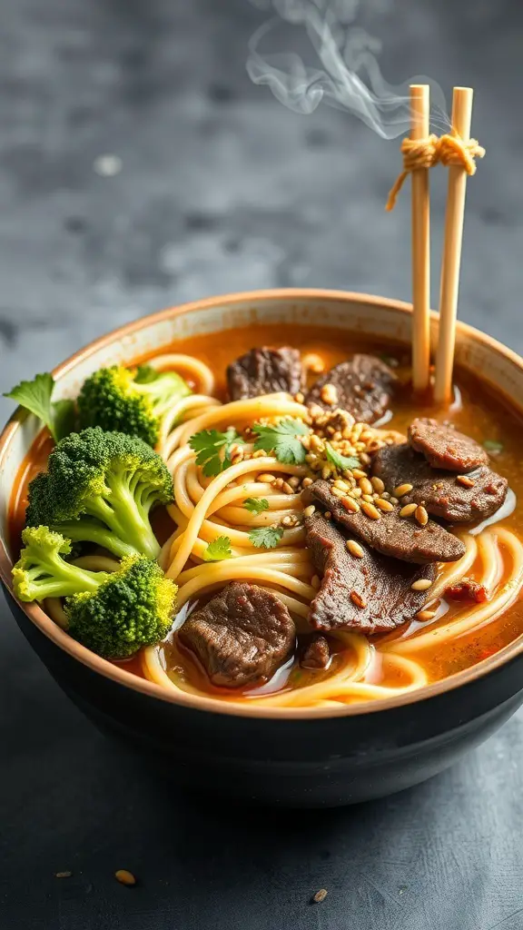 A bowl of Beef and Broccoli Ramen with steam rising, topped with sesame seeds and fresh herbs.