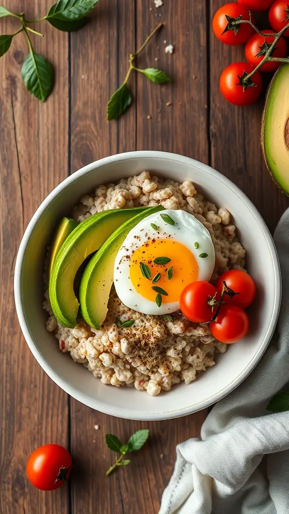 A savory oatmeal bowl with poached egg, avocado, and cherry tomatoes on a wooden table.