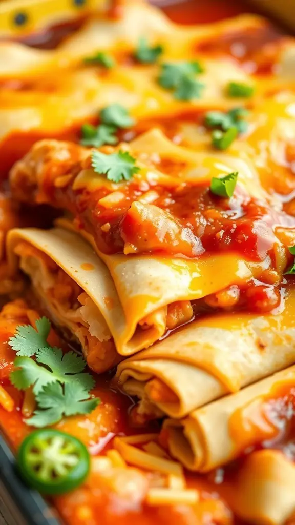 A close-up of a turkey enchilada casserole with melted cheese and garnished with cilantro.