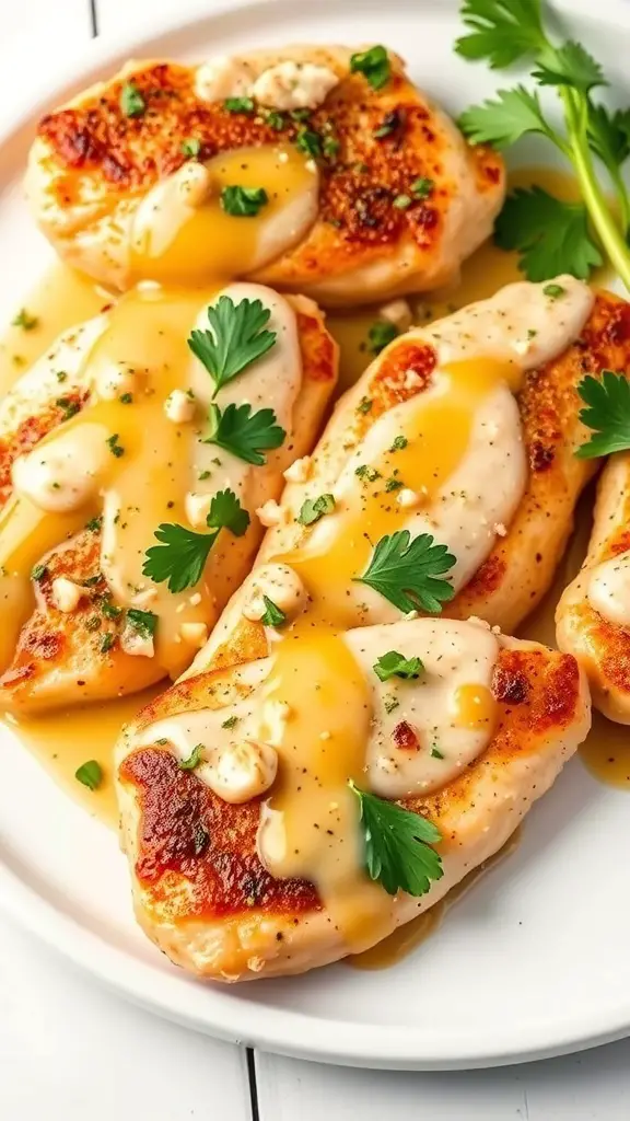 Creamy garlic parmesan chicken tenderloins drizzled with sauce and garnished with parsley on a white plate.