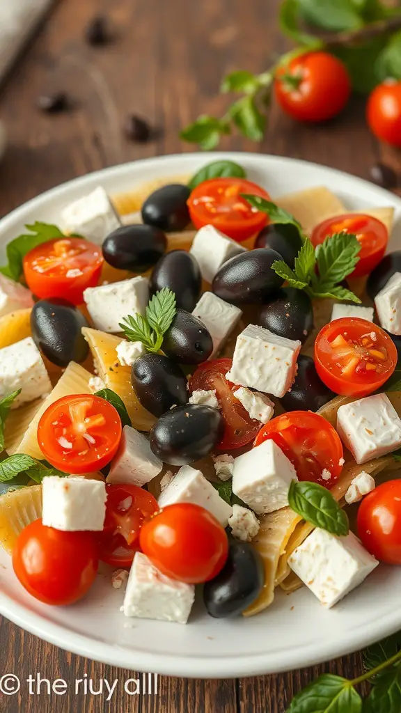 A plate of Mediterranean Cellentani salad with pasta, cherry tomatoes, black olives, and feta cheese.
