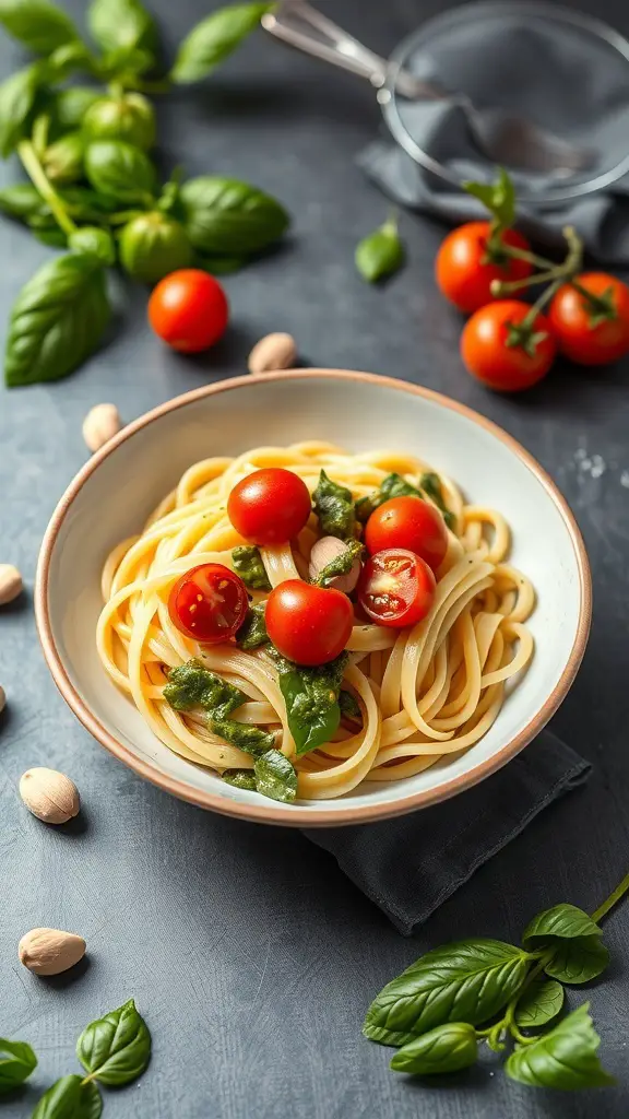 A bowl of elbow noodles with pesto and cherry tomatoes, garnished with fresh basil.