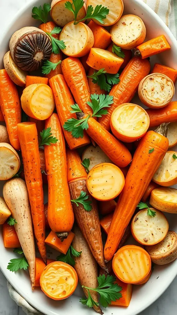 A platter of honey roasted root vegetables including carrots, parsnips, and potatoes garnished with parsley.