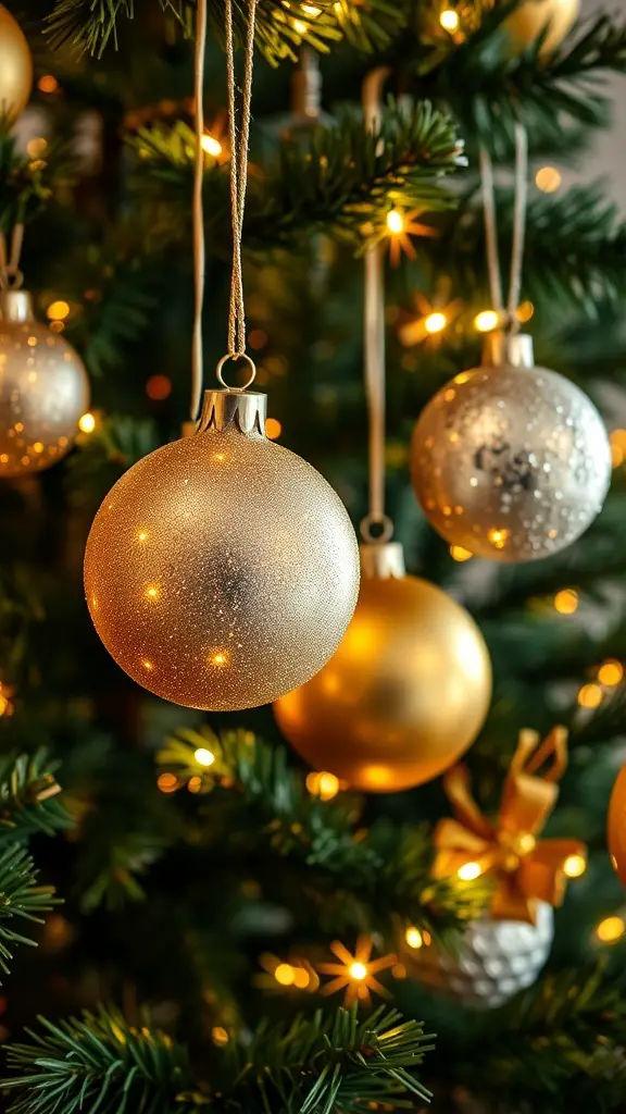 Close-up of gold and silver Christmas ornaments hanging on a tree