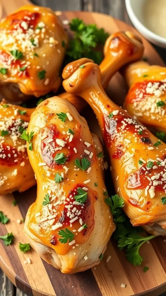 Delicious garlic Parmesan turkey drumsticks garnished with parsley on a wooden platter.