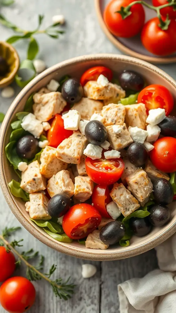 A bowl of Mediterranean chicken salad with cubed chicken, cherry tomatoes, black olives, and feta cheese on a bed of greens.