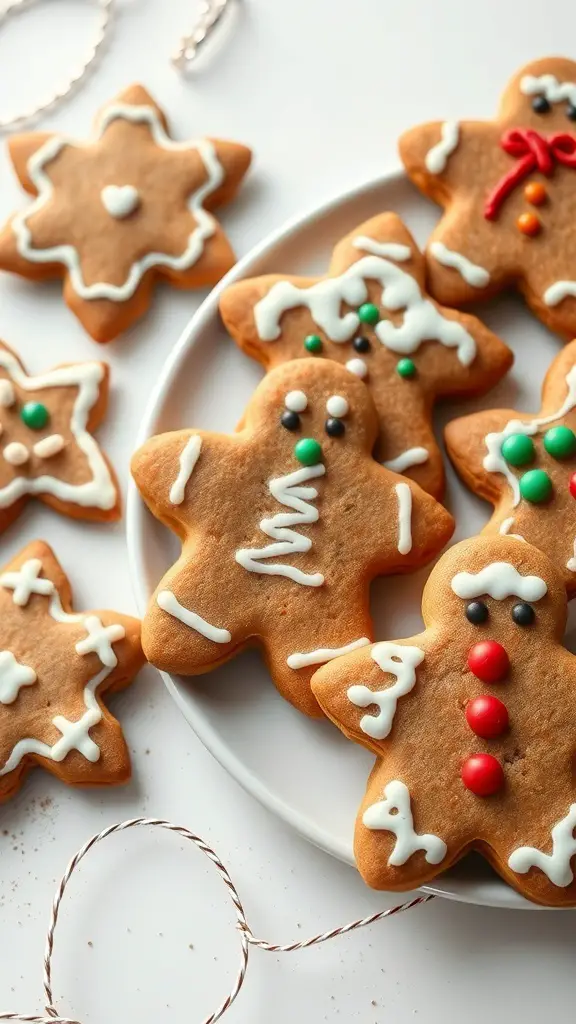 A plate of decorated gingerbread cookies in various shapes, including stars and gingerbread men, with colorful icing and candies.