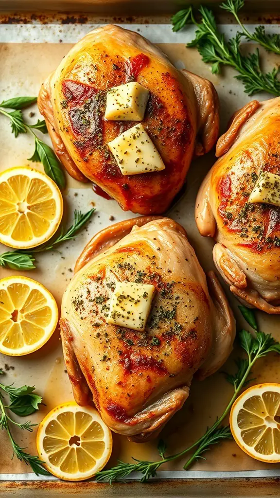 Crispy skin turkey thighs with garlic butter and lemon slices