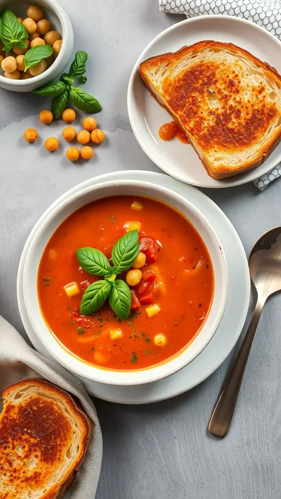 A bowl of creamy tomato and chickpea soup garnished with basil, served with toasted bread on the side.