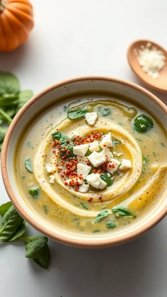 A bowl of Spinach and Feta Soup garnished with feta cheese and spices