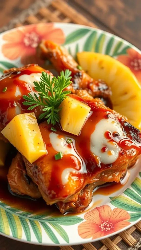 Teriyaki turkey thighs with pineapple served on a colorful plate