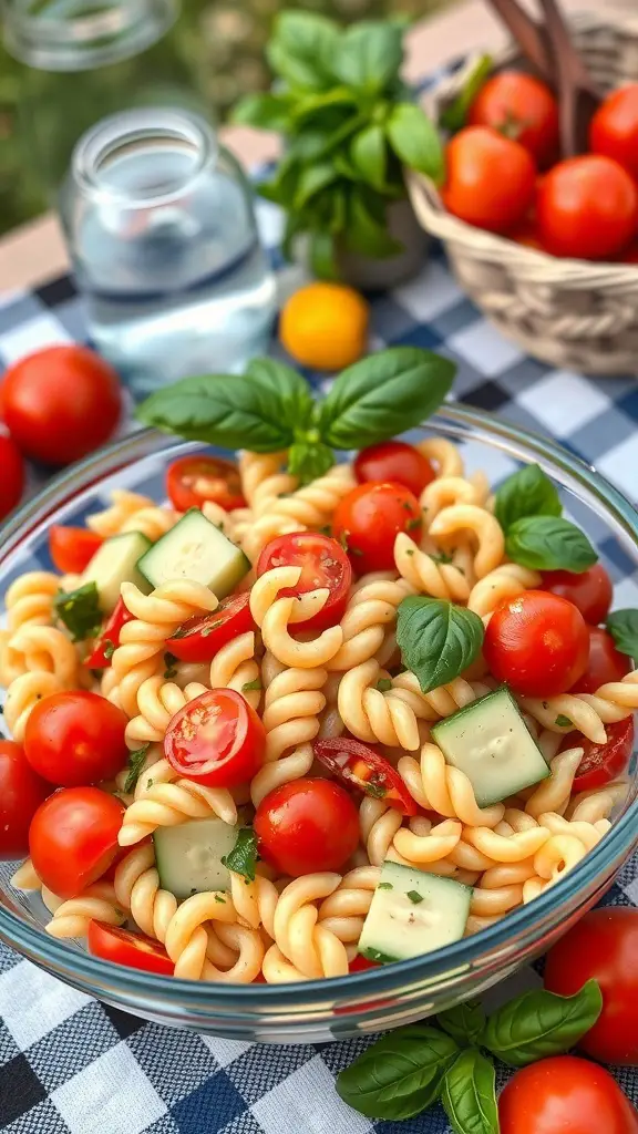 A bowl of elbow pasta salad with cherry tomatoes and fresh basil, surrounded by more cherry tomatoes and a jar of water.