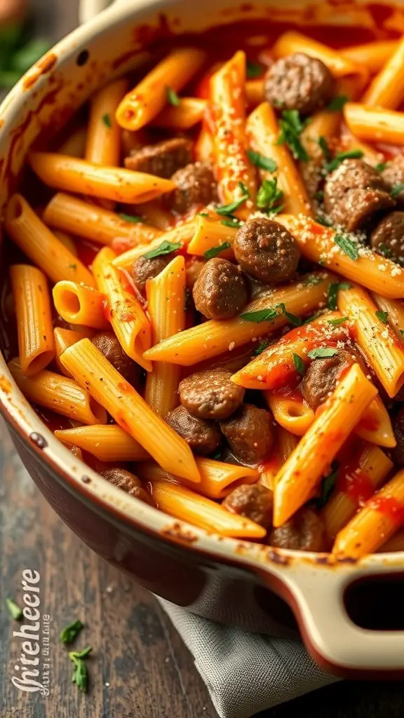 A delicious bowl of spicy Italian sausage penne pasta with a rich tomato sauce.