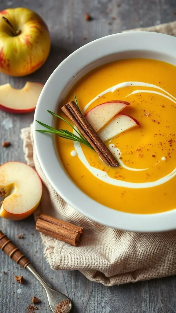 A bowl of Butternut Squash and Apple Soup garnished with apple slices and cinnamon sticks.
