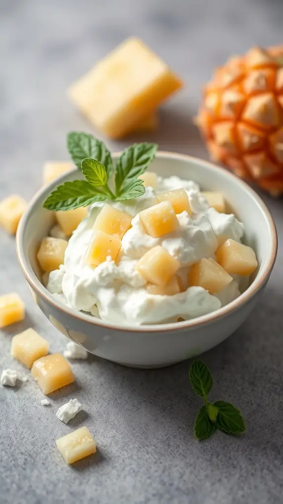 A bowl of cottage cheese topped with pineapple chunks and mint leaves, with pineapple pieces in the background.