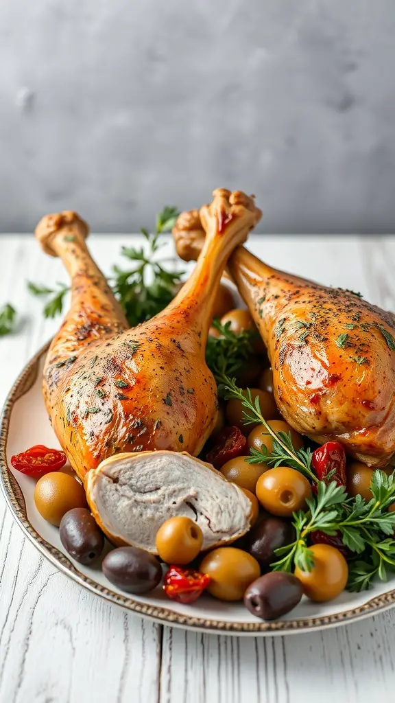 Roasted turkey legs with Italian herbs and olives on a plate