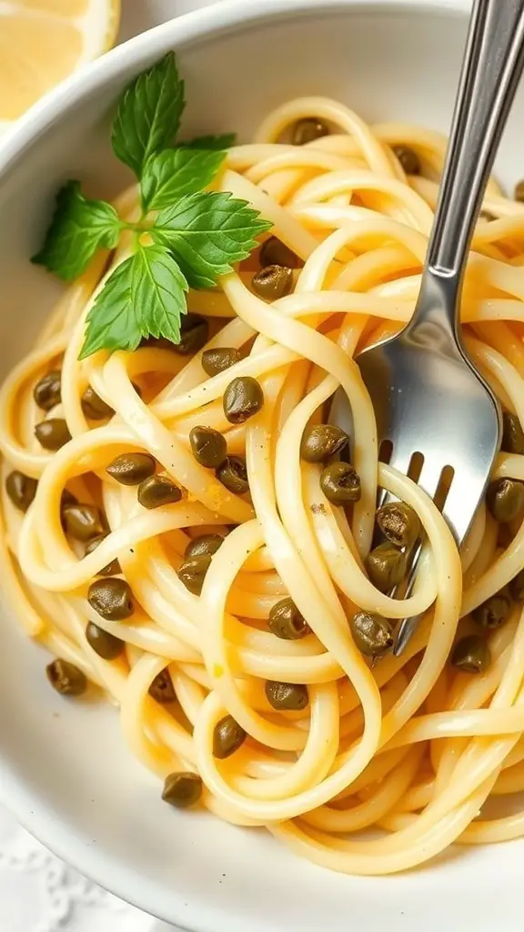 A bowl of fettuccine pasta with capers and lemon, garnished with fresh mint.