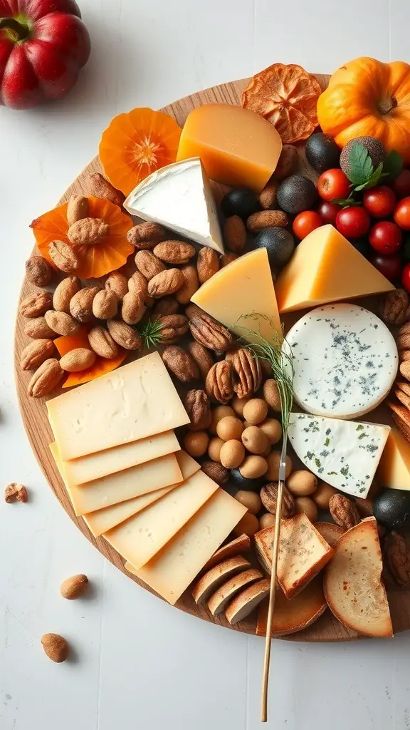 A beautifully arranged autumn harvest cheese board featuring various cheeses, nuts, dried fruits, and seasonal decorations.