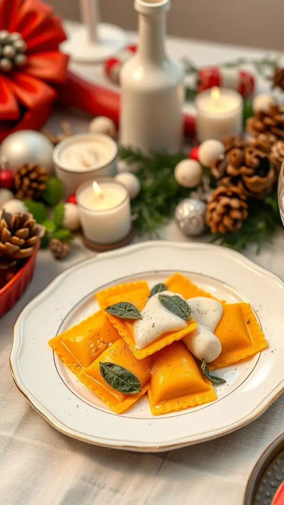 A plate of butternut squash ravioli topped with sage butter and fresh sage leaves, surrounded by festive decorations.