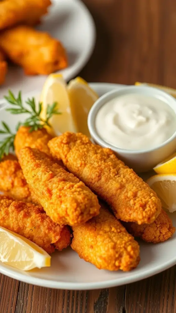 A plate of crispy baked fish sticks with lemon wedges and dipping sauce.