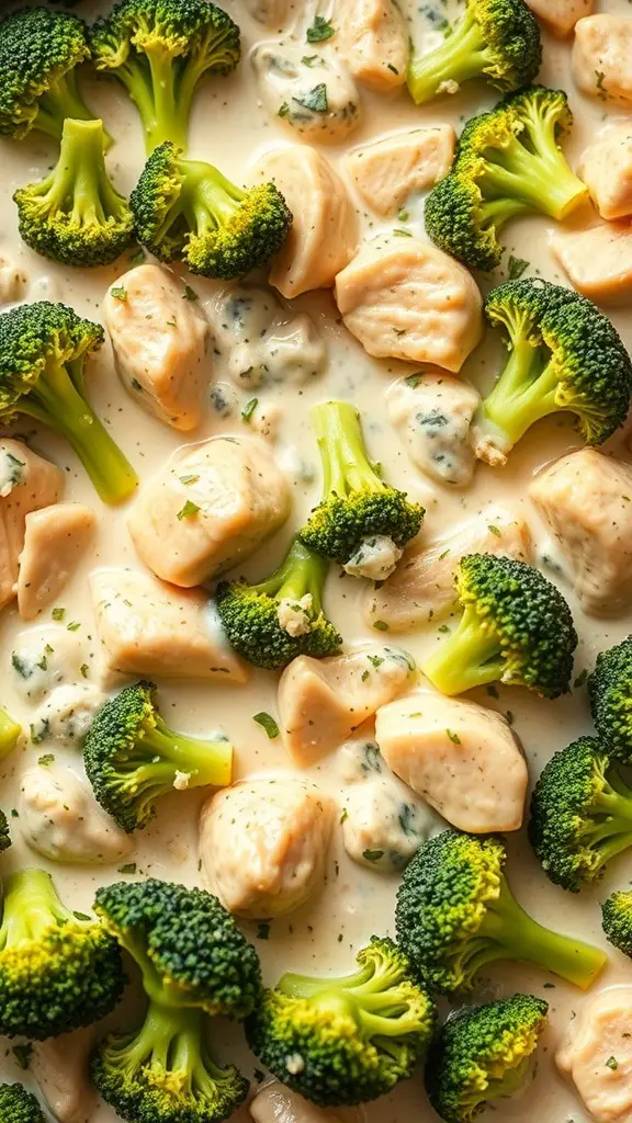 A close-up view of a creamy chicken and broccoli casserole with Alfredo sauce.