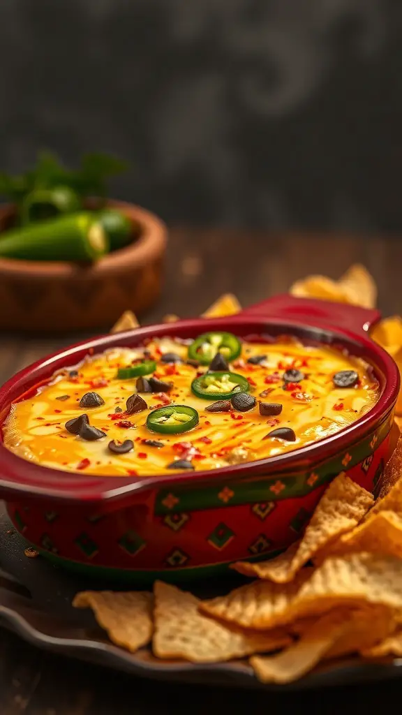 A vibrant Spicy Jalapeño Popper Dip served in a red dish with tortilla chips on the side.