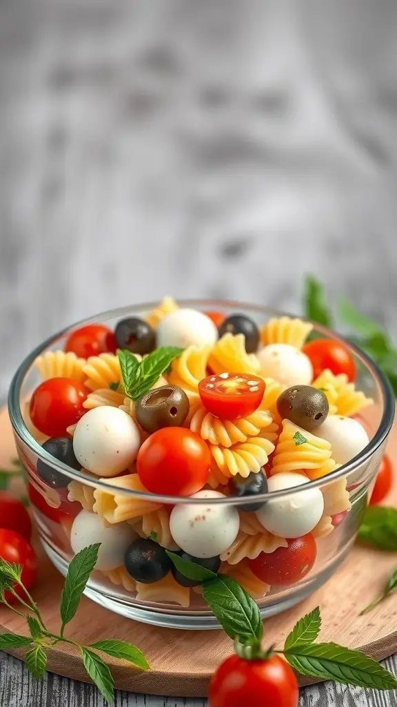 A bowl of Mediterranean pasta salad with rotini pasta, cherry tomatoes, mozzarella balls, and fresh basil.