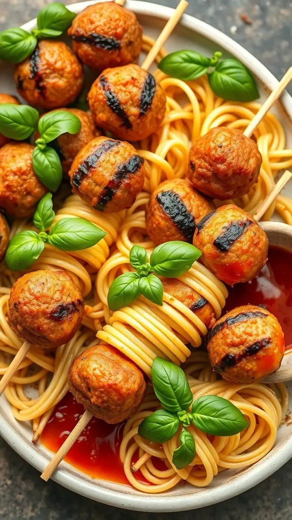 A plate of pasta and meatball skewers with fresh basil on top.