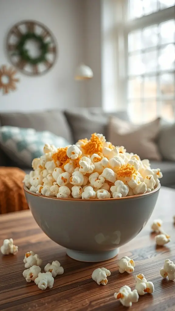 A bowl of air-popped popcorn topped with nutritional yeast, sitting on a wooden table.