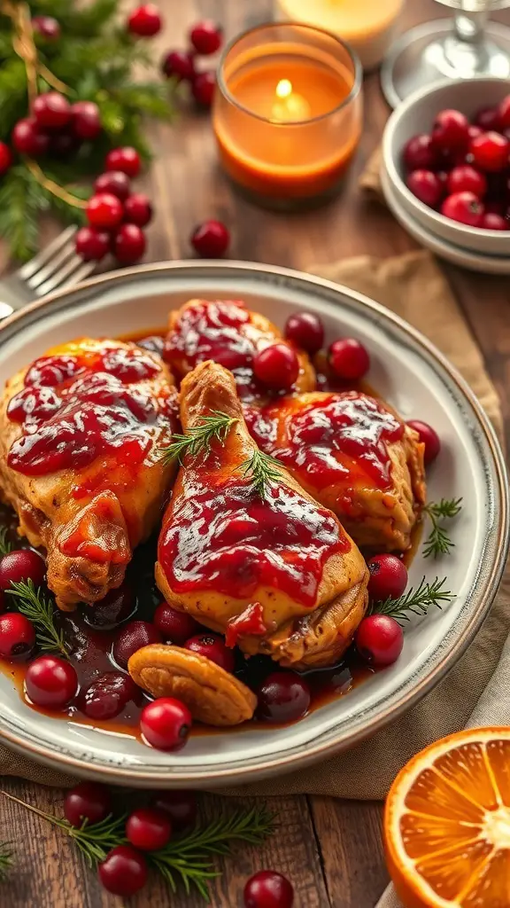 A plate of Cranberry-Orange Glazed Chicken garnished with cranberries and orange slices.