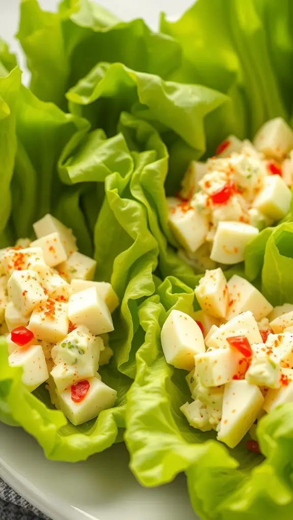 Egg salad served in crisp lettuce leaves with diced vegetables
